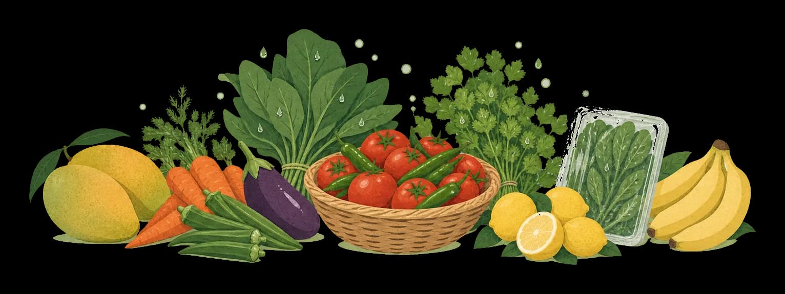 Illustration of fresh produce: a basket of tomatoes and chillies with spinach, coriander, carrots, okra, brinjal, lemons, mangoes and bananas