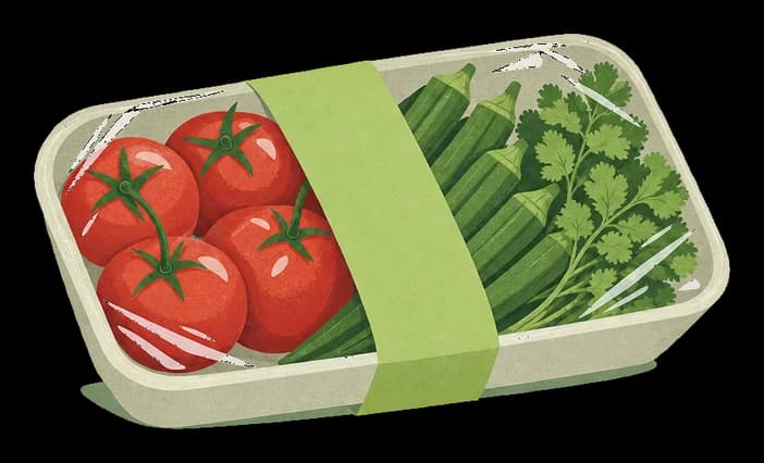 Illustration of tomatoes, okra and coriander in a neat sealed pack