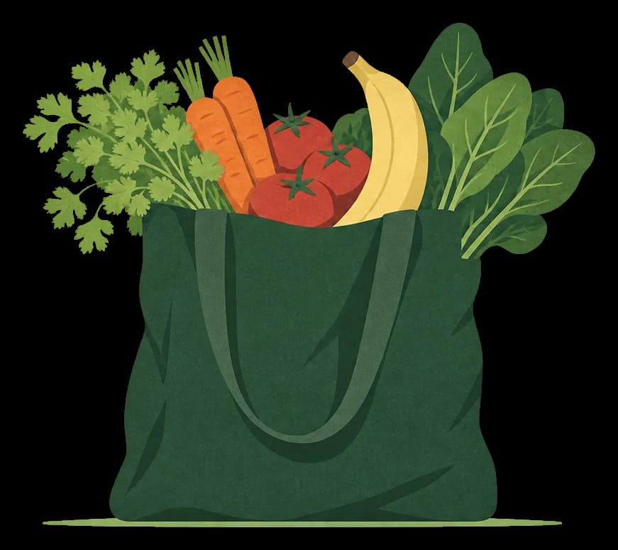 Illustration of a green shopping bag full of vegetables and a banana